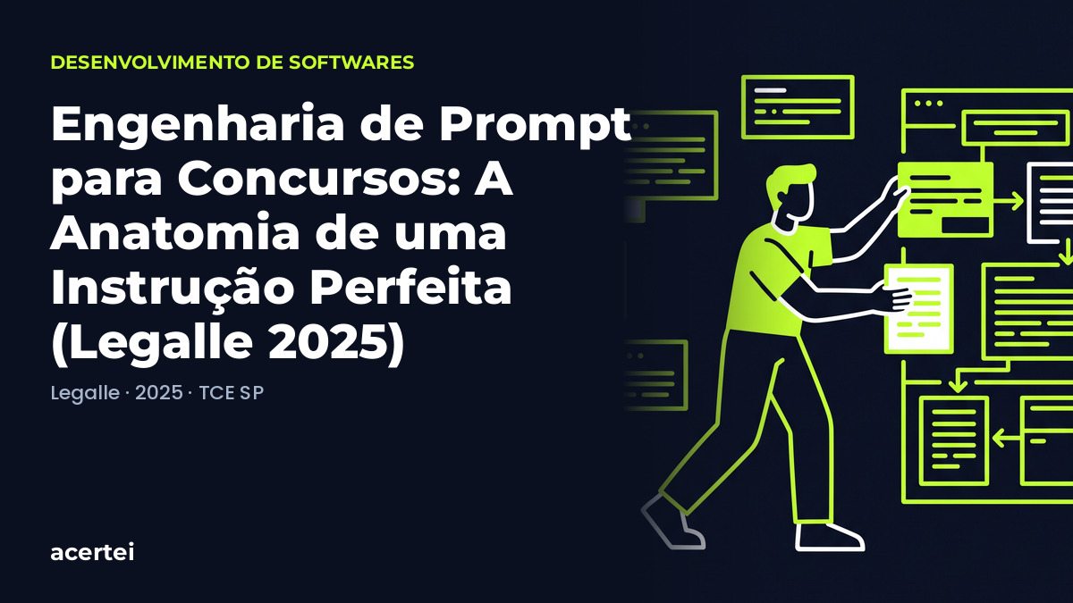 Engenharia de Prompt para Concursos: A Anatomia de uma Instrução Perfeita (Legalle 2025) Capa do artigo Engenharia de Prompt para Concursos: A Anatomia de uma Instrução Perfeita (Legalle 2025), sobre Desenvolvimento de Softwares, no blog do Acertei: fundo azul-marinho com o título em destaque
