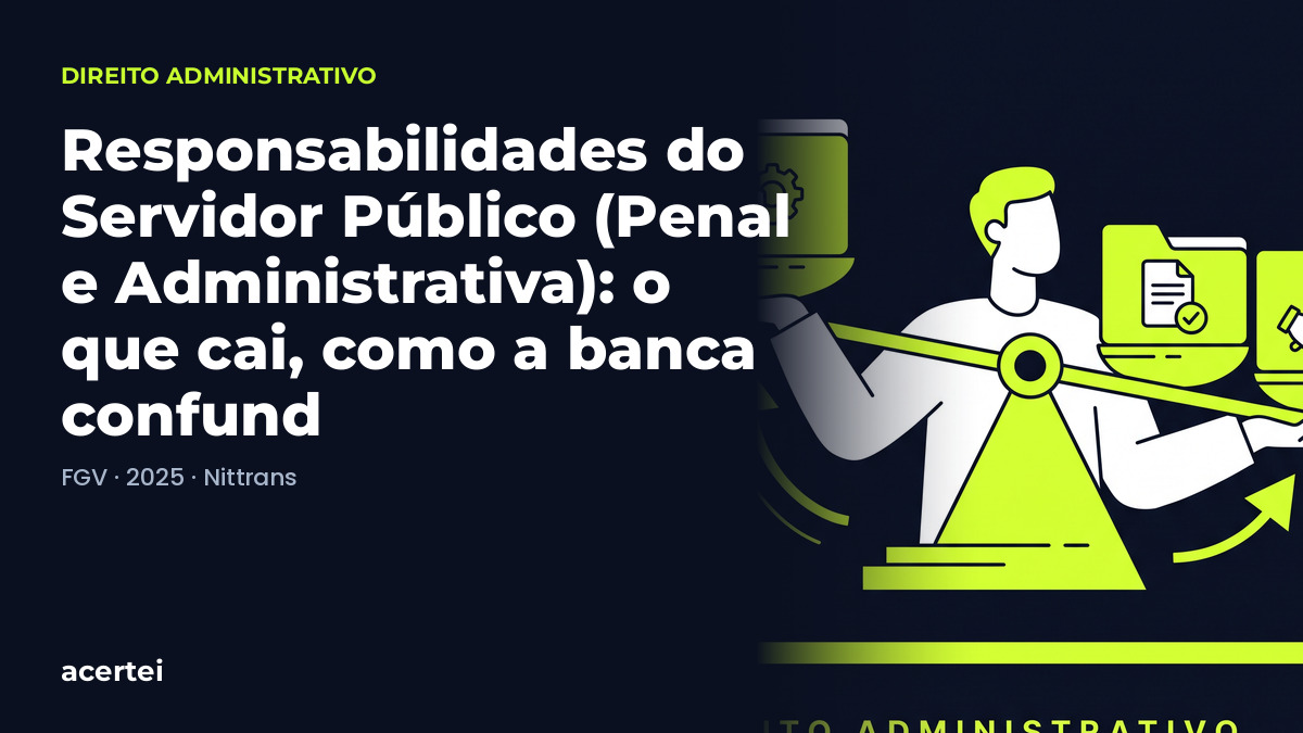 Capa do artigo Responsabilidades do Servidor Público (Penal e Administrativa): o que cai, como a banca confund, sobre Direito Administrativo, no blog do Acertei: fundo azul-marinho com o título em destaque