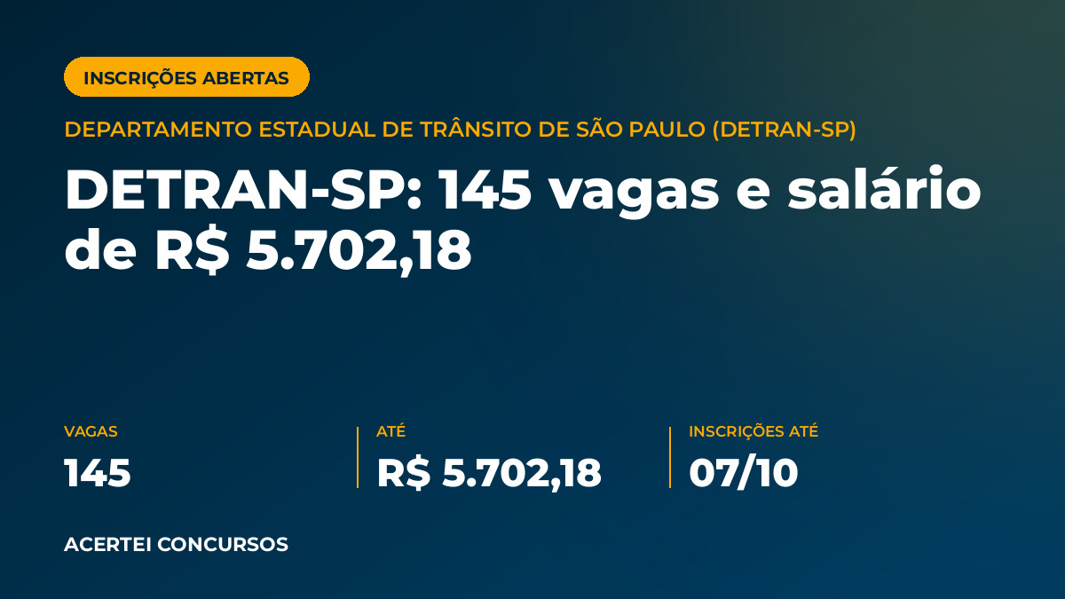 Capa do artigo sobre o edital de Departamento Estadual de Trânsito de São Paulo (DETRAN-SP): 145 vagas imediatas, sendo 138 para ampla concorrência e 7 para pessoas com deficiência, além de cadastro de reserva vaga(s), remuneração de até R$