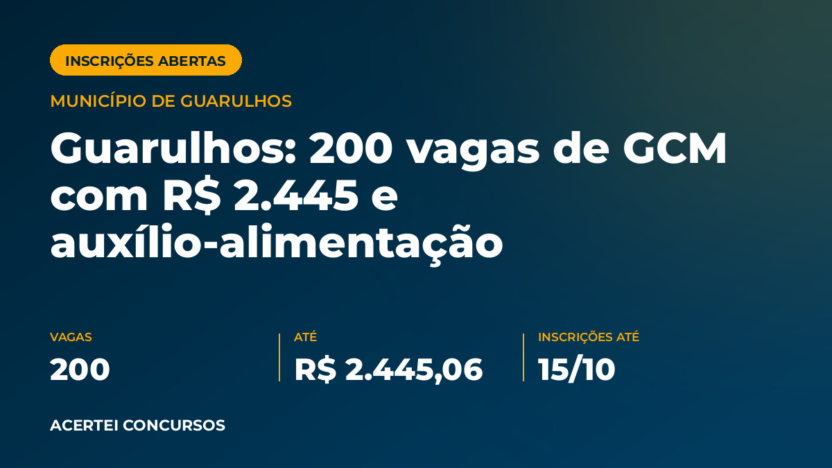 Capa do artigo sobre o edital de Município de Guarulhos: 200 vagas imediatas, sendo 150 para ampla concorrência, 10 reservadas a pessoas com deficiência e 40 reservadas ao sexo feminino. Não há cadastro de reserva expresso, mas o edital pre