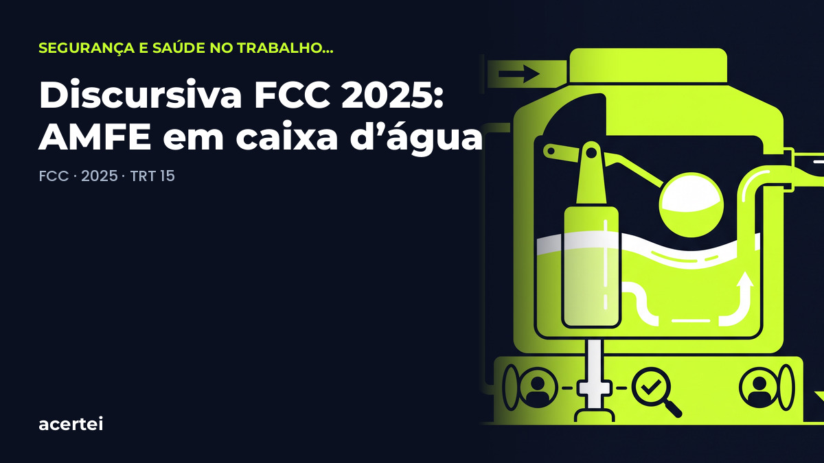 Discursiva FCC 2025: AMFE em caixa d’água — questão discursiva FCC · 2025 · TRT 15. Imagem gerada por inteligência artificial.