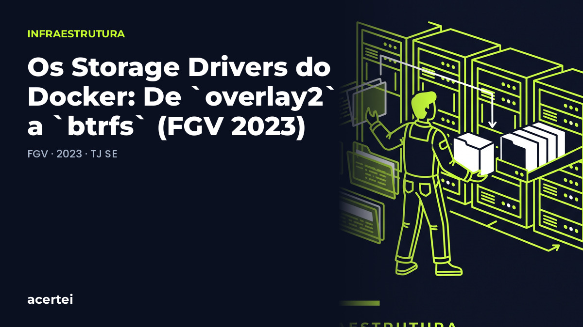 Capa do artigo Os Storage Drivers do Docker: De `overlay2` a `btrfs` (FGV 2023), sobre Infraestrutura, no blog do Acertei: fundo azul-marinho com o título em destaque